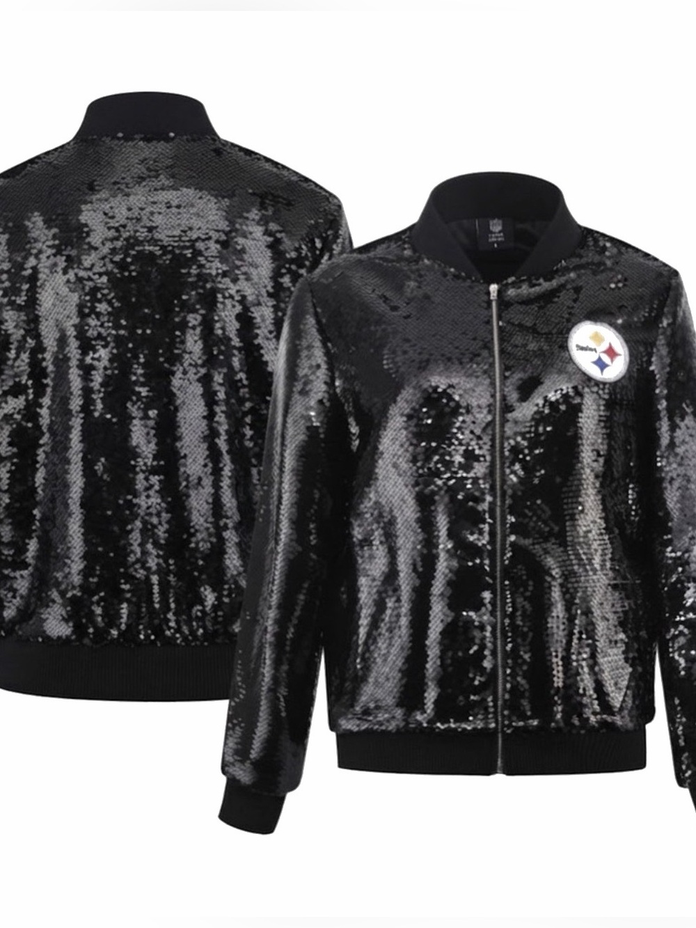 NFL Team Apparel, Sequin Bomber Jacket with Pittsburgh Steelers Patch, Black, OS - Picture 1 of 6